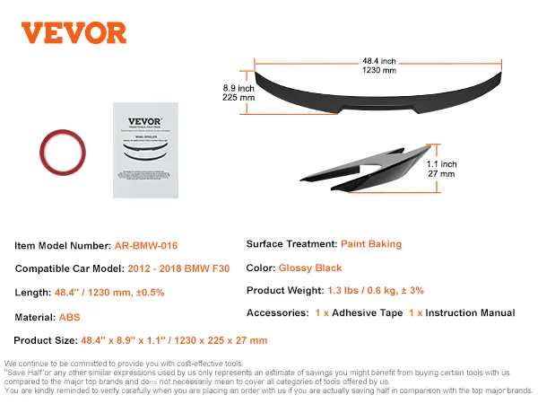 VEVOR gt wing car spoiler specifications for bmw f30, abs material, glossy black, 48.4"x8.9"x1.1".