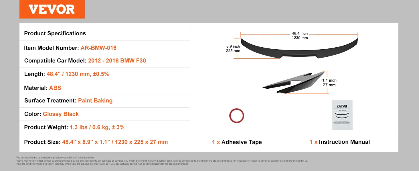 VEVOR gt wing car spoiler specifications for bmw f30, abs material, glossy black, 48.4"x8.9"x1.1".