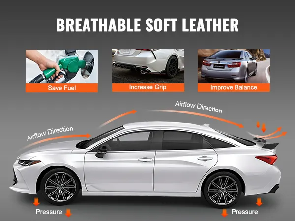 white sedan with VEVOR gt wing car spoiler showing airflow, pressure effects, fuel savings, grip, and balance.
