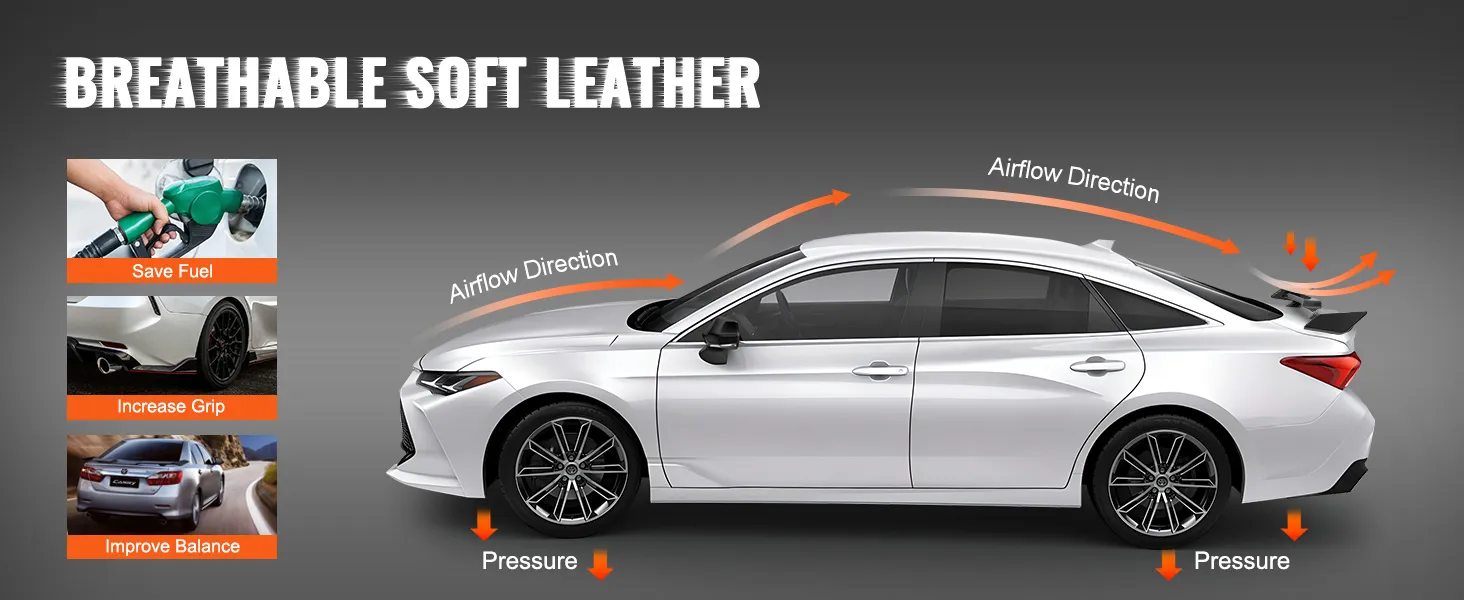 white sedan with VEVOR gt wing car spoiler showing airflow, pressure effects, fuel savings, grip, and balance.