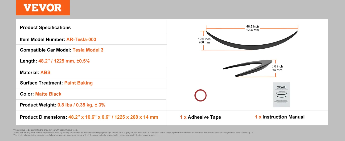 VEVOR tesla model 3 spoiler, abs materiaal, matzwart, 122 cm lang, 27 cm breed, met plakband.