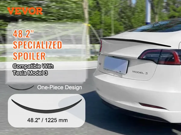 VEVOR 48,2" spoiler voor Tesla Model 3 met een eendelig ontwerp op een wit voertuig.