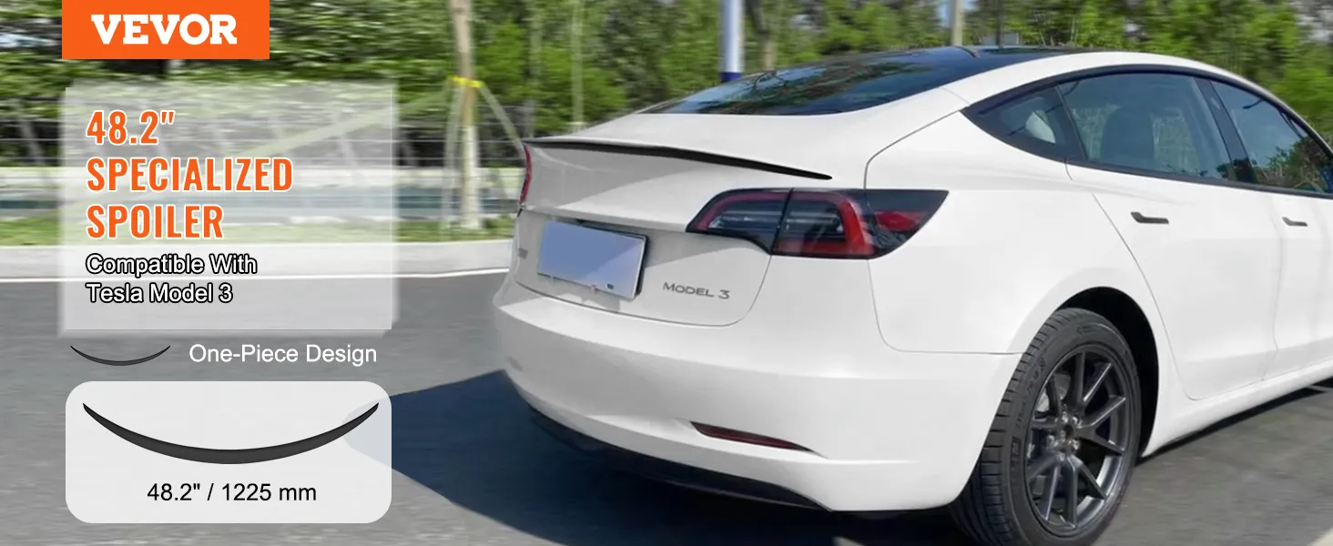 VEVOR 48,2" spoiler voor Tesla Model 3 met een eendelig ontwerp op een wit voertuig.