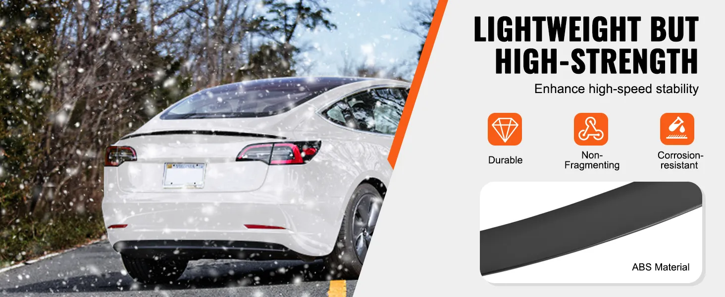Witte Tesla Model 3 met VEVOR-spoiler voor rijden in de sneeuw, ter ondersteuning van de duurzaamheid, niet-fragmenterende en corrosiebestendige eigenschappen.