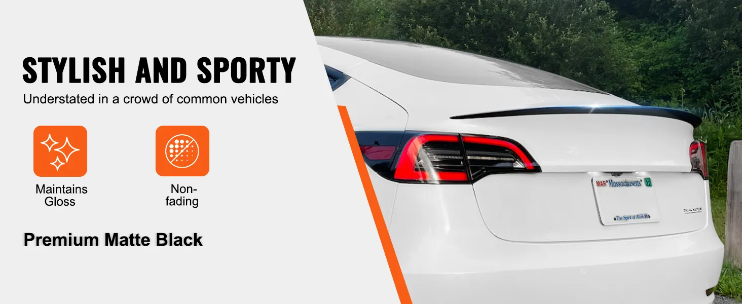 Stijlvolle, hoogwaardige, matte zwarte VEVOR Tesla Model 3 spoiler, met behoud van glans en een afwerking die niet vervaagt.