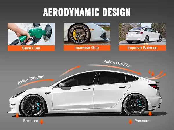aerodynamisch ontwerp van de VEVOR Tesla Model 3-spoiler dat de richting van de luchtstroom, brandstofbesparing, meer grip en een betere balans laat zien.