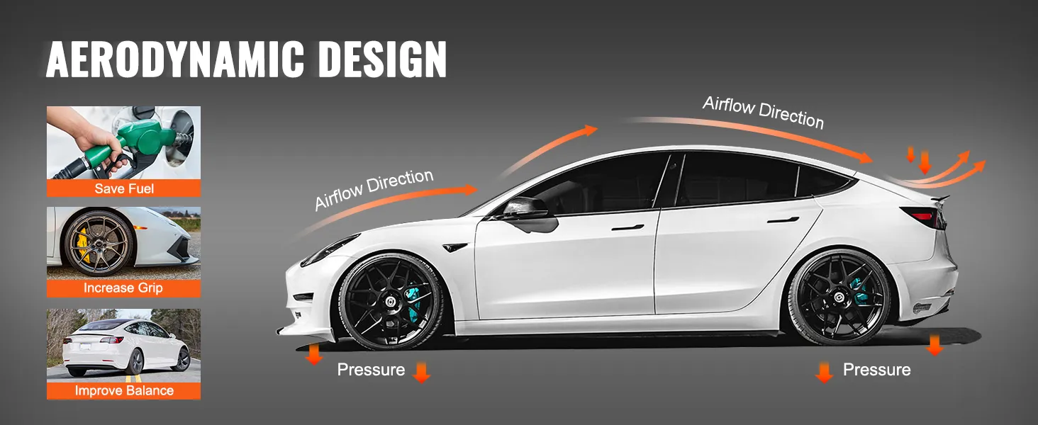 aerodynamisch ontwerp van de VEVOR Tesla Model 3-spoiler dat de richting van de luchtstroom, brandstofbesparing, meer grip en een betere balans laat zien.