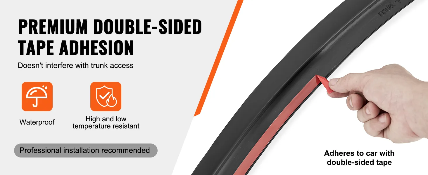 VEVOR Tesla Model 3 spoiler met dubbelzijdige tape voor eenvoudige installatie, waterdicht en temperatuurbestendig.
