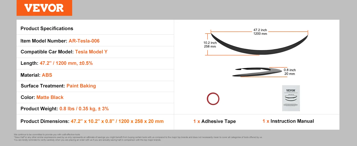 VEVOR tesla model y spoiler, matte black, 47.2"x10.2"x0.8", durable abs with adhesive tape and manual.