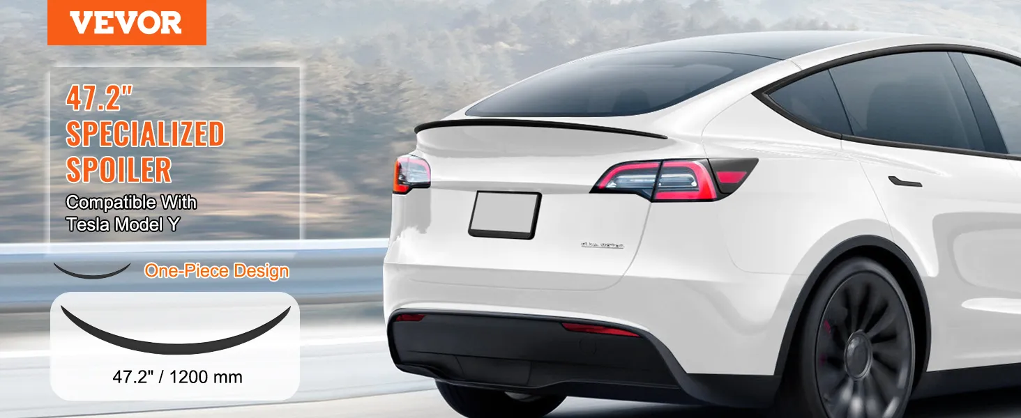 VEVOR tesla model y spoiler, 47.2" specialized one-piece design for improved aerodynamics.