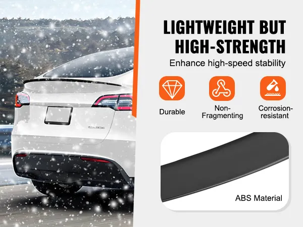 VEVOR tesla model y spoiler, durable, lightweight, high-strength abs material, enhances speed stability.