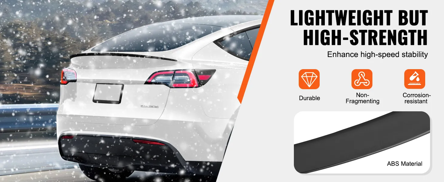 VEVOR tesla model y spoiler, durable, lightweight, high-strength abs material, enhances speed stability.