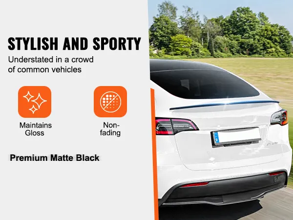 stylish VEVOR tesla model y spoiler, premium matte black, maintains gloss, non-fading, sporty look.