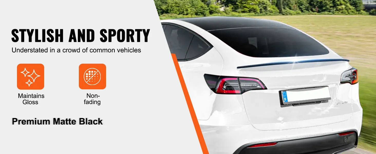 stylish VEVOR tesla model y spoiler, premium matte black, maintains gloss, non-fading, sporty look.