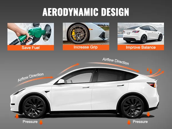 VEVOR tesla model y spoiler improves aerodynamics, enhances grip, saves fuel, and balances pressure.