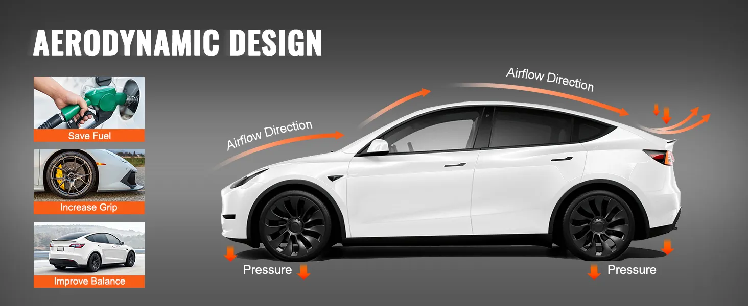 VEVOR tesla model y spoiler improves aerodynamics, enhances grip, saves fuel, and balances pressure.