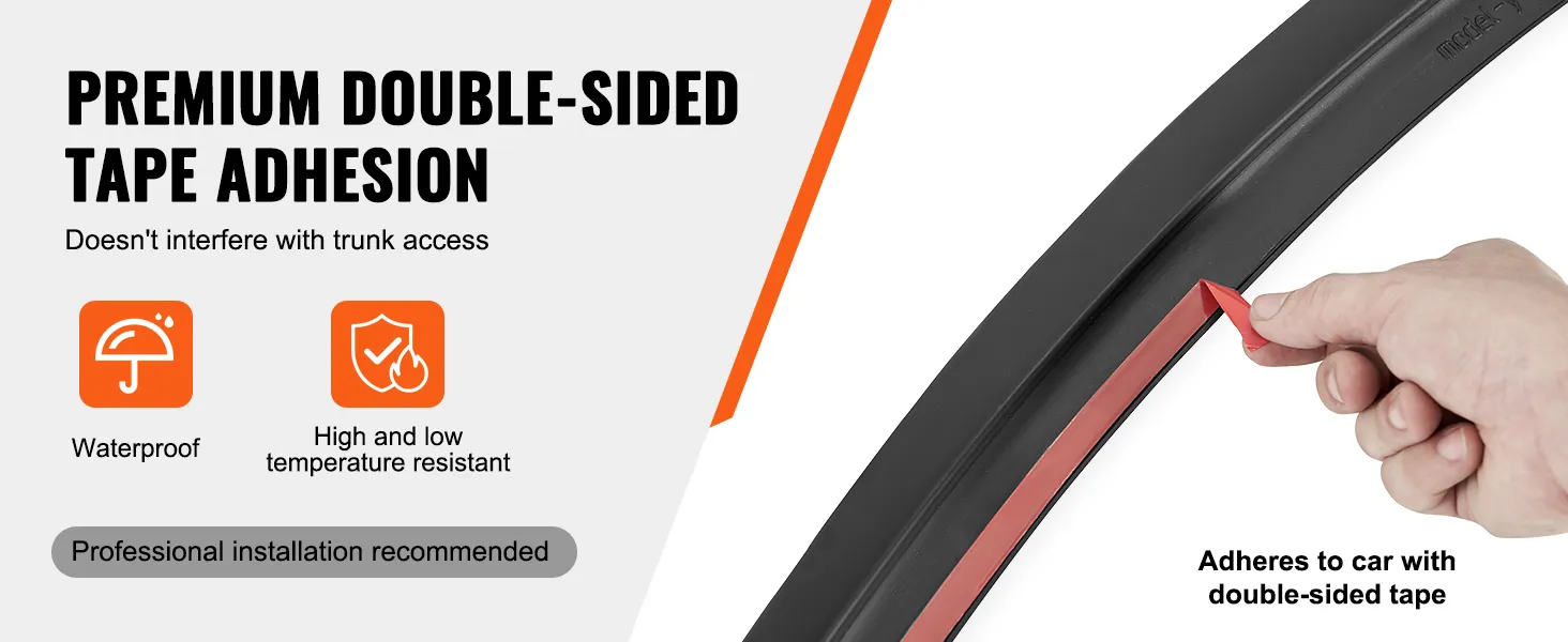 VEVOR tesla model y spoiler features premium double-sided tape adhesion, waterproof and temperature resistant.