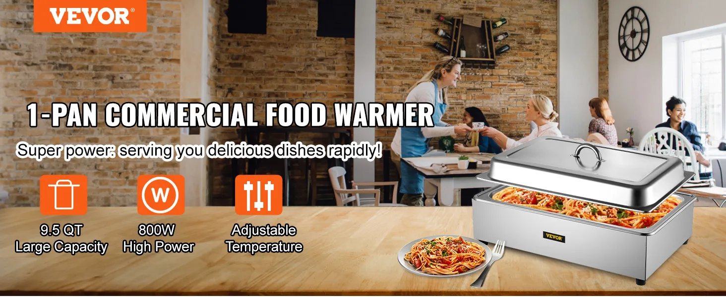 Calentador de alimentos comercial VEVOR en un entorno de restaurante, que sirve pasta con una capacidad de 9,5 qt y una potencia de 800w.
