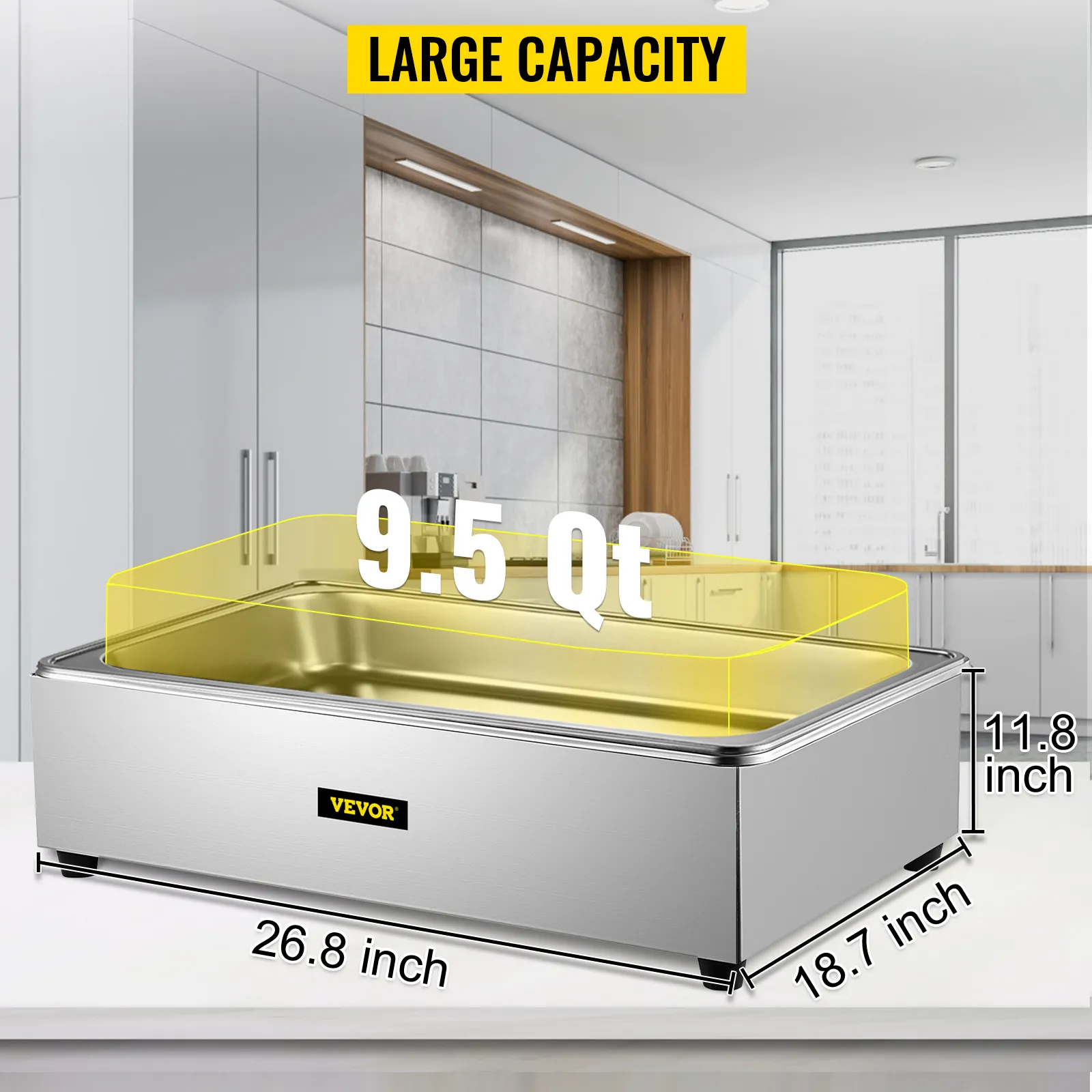 Calentador de alimentos comercial VEVOR con capacidad de 9,5 cuartos de galón, dimensiones 26,8 x 18,7 x 11,8 pulgadas en una cocina moderna.