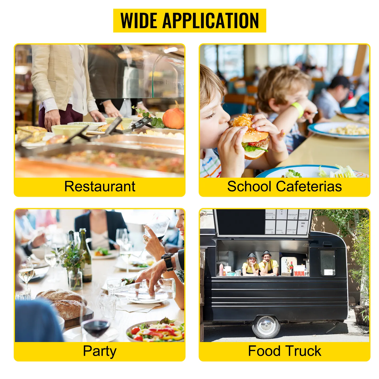 Amplias aplicaciones del calentador de alimentos comercial VEVOR en restaurantes, cafeterías escolares, fiestas, camiones de comida.