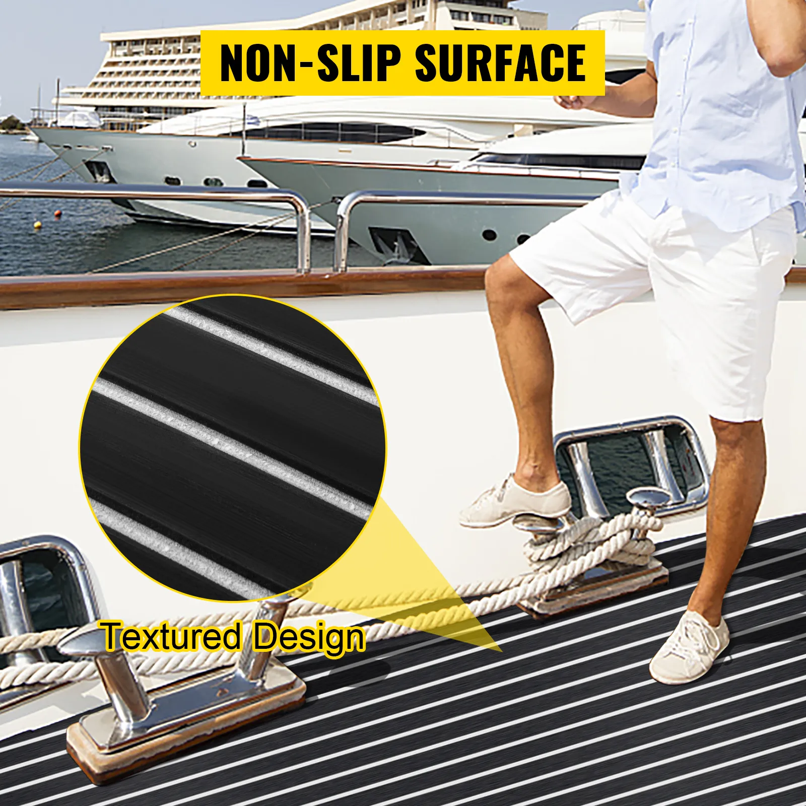 Lámina para cubierta de barco VEVOR con superficie antideslizante, diseño texturizado y rayas negras en cubierta.