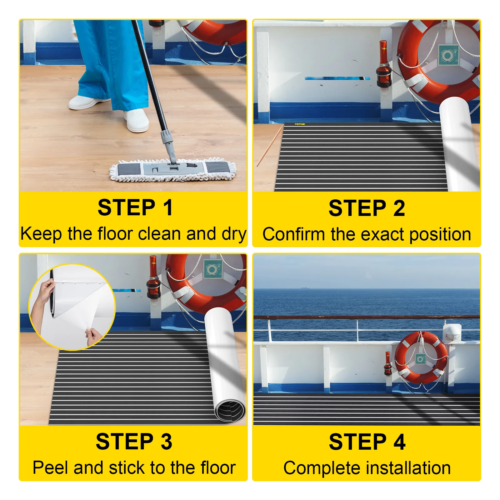 Pasos para instalar la lámina para cubierta de barco VEVOR: limpiar, colocar, pelar y pegar, listo.