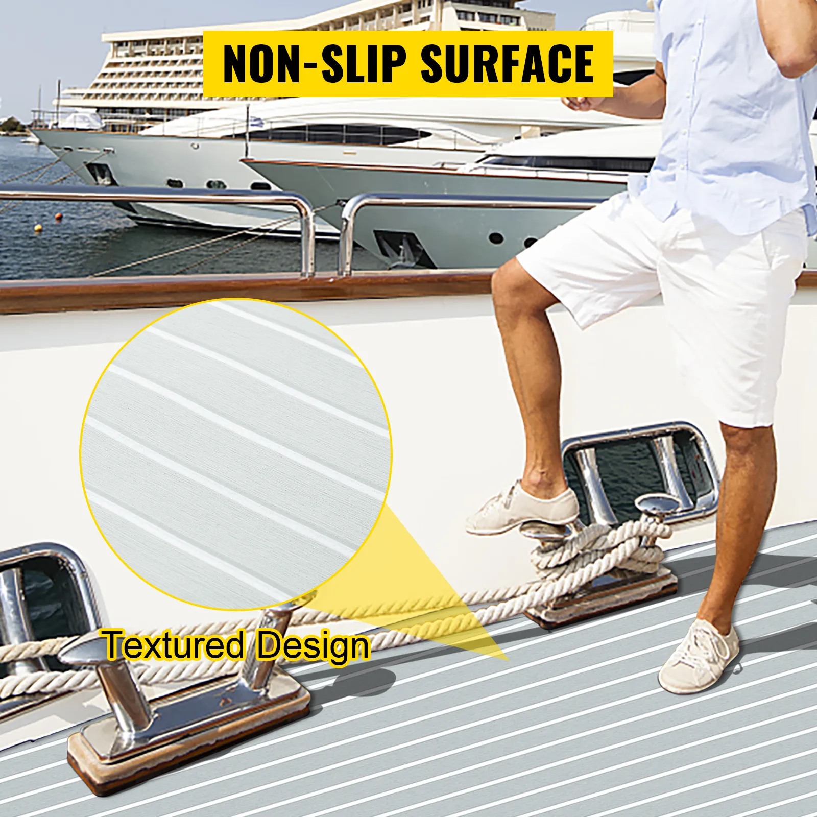 Lámina para cubierta de barco VEVOR con superficie antideslizante y diseño texturizado en la cubierta de un yate.