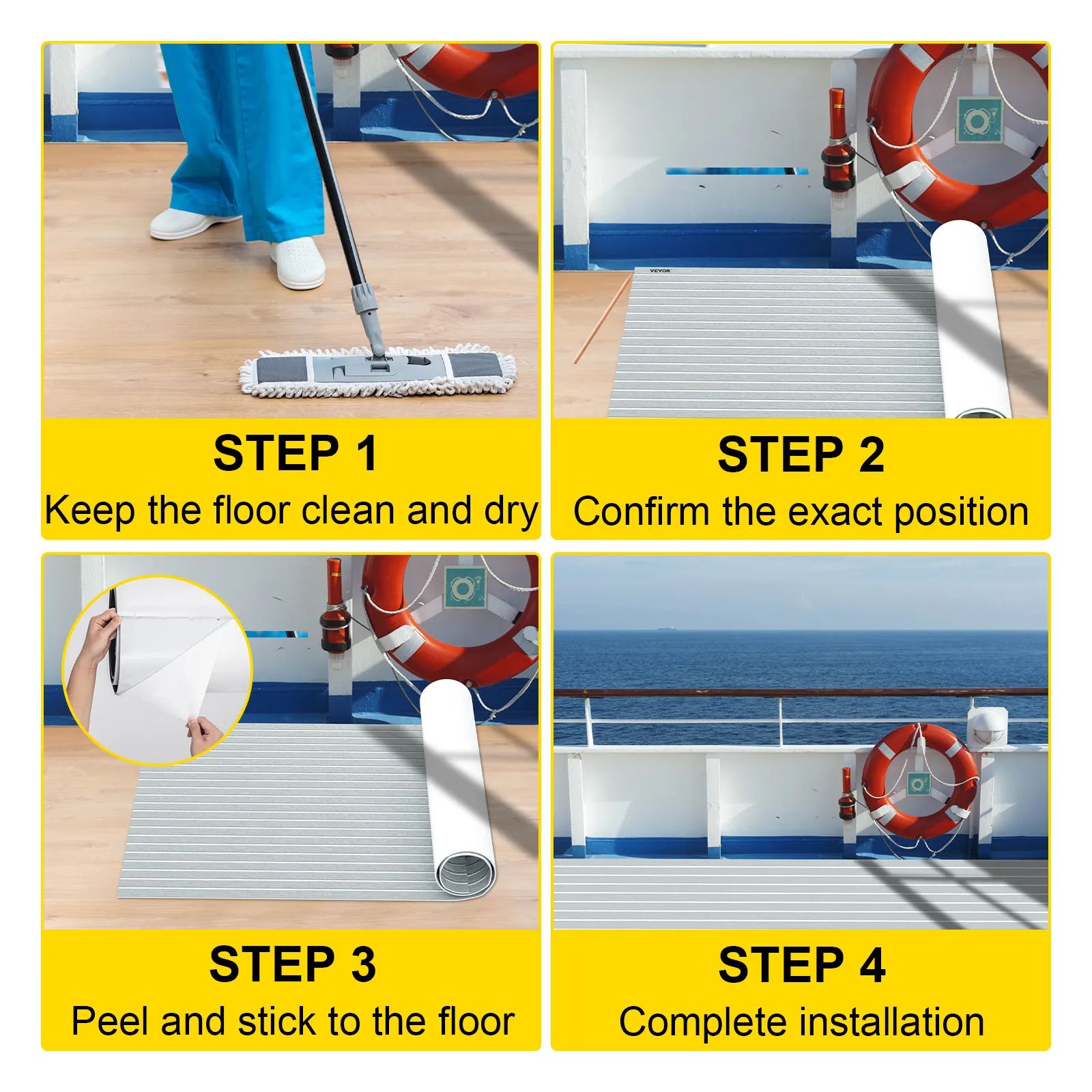 Pasos de instalación de la lámina para cubierta de barco VEVOR: limpiar, colocar, pelar, pegar y finalizar.