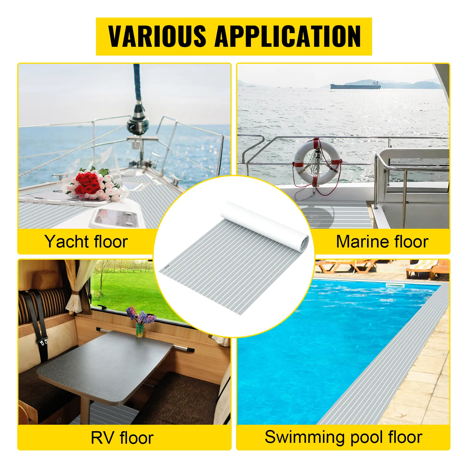 Varias aplicaciones de las láminas para cubiertas de barcos VEVOR: yates, barcos, vehículos recreativos, pisos de piscinas.