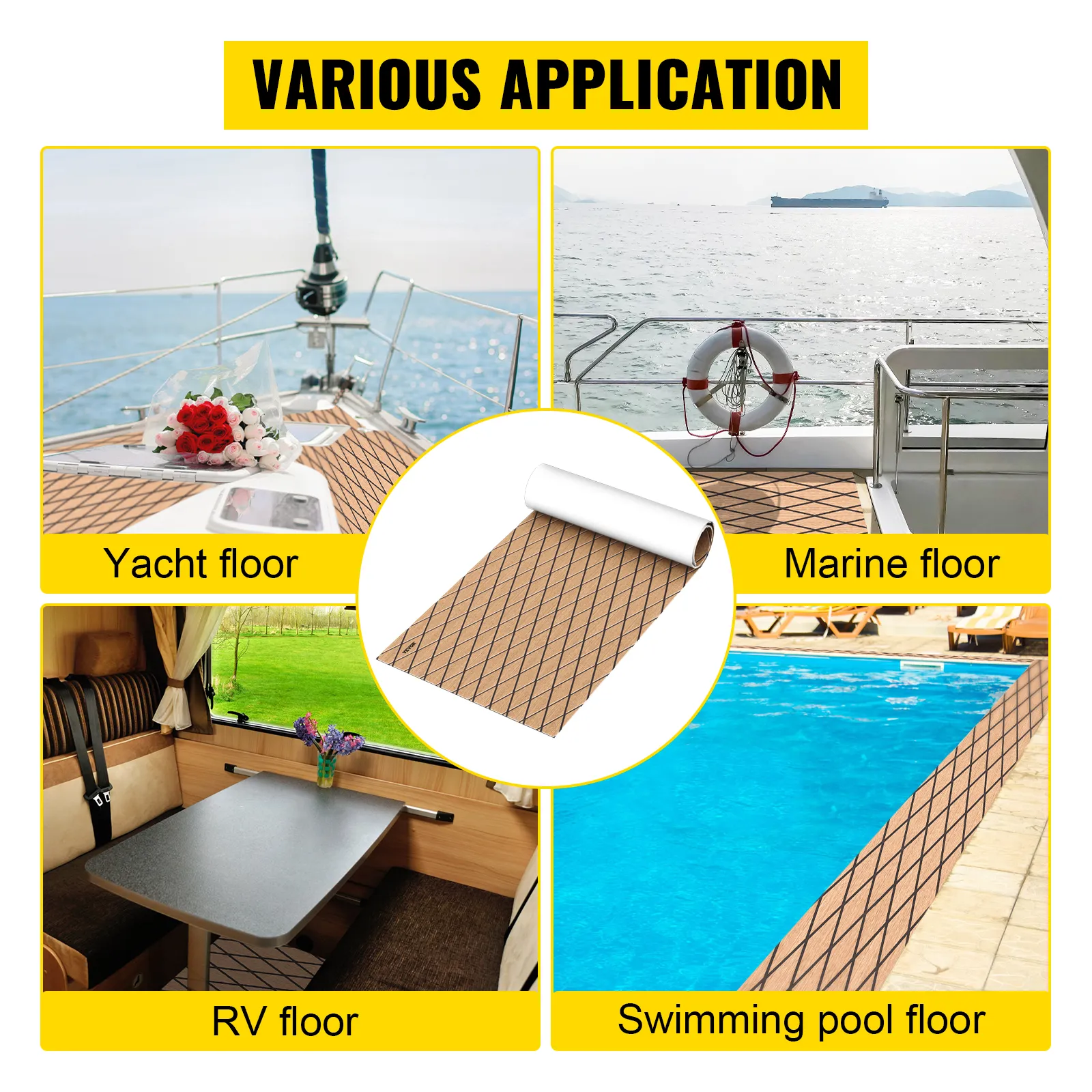 Varias aplicaciones: pisos para yates, embarcaciones, vehículos recreativos y piscinas, que muestran pisos para barcos VEVOR.