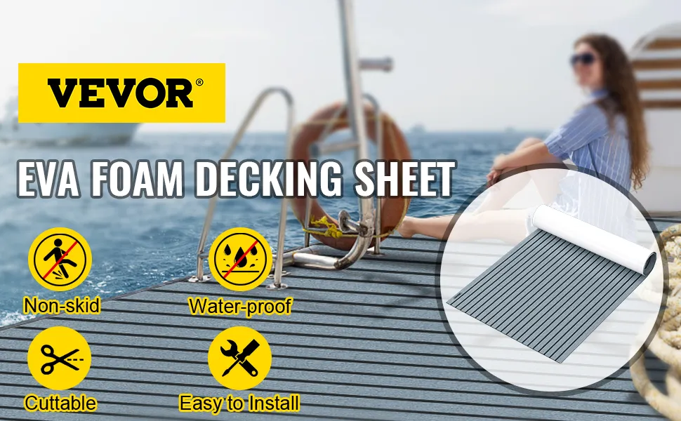 VEVOR faux teak boat decking sheet features non-skid, waterproof, cuttable, easy to install.