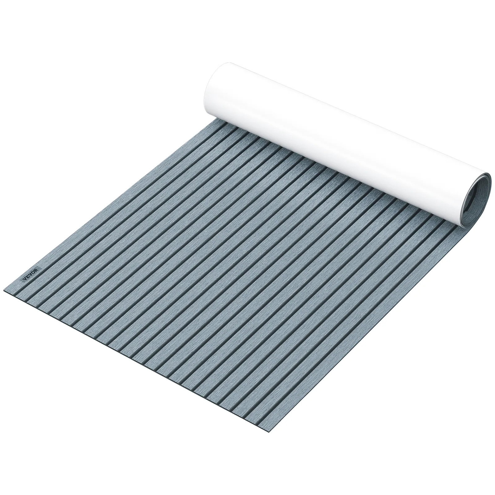 VEVOR faux teak boat decking sheet in gray with black stripes unrolling.