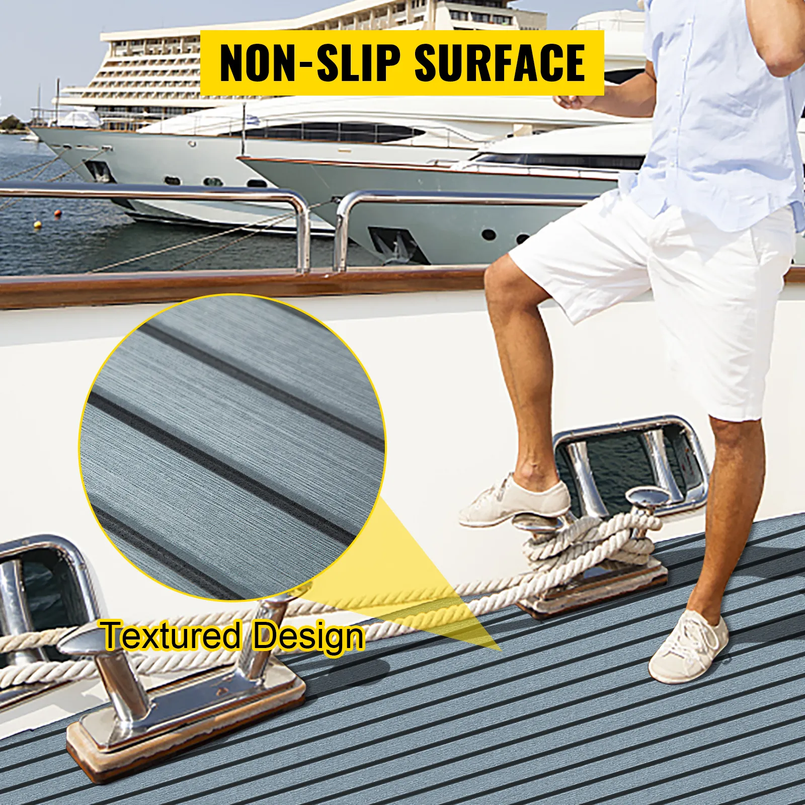 non-slip surface of VEVOR faux teak boat decking sheet with textured design on a yacht.