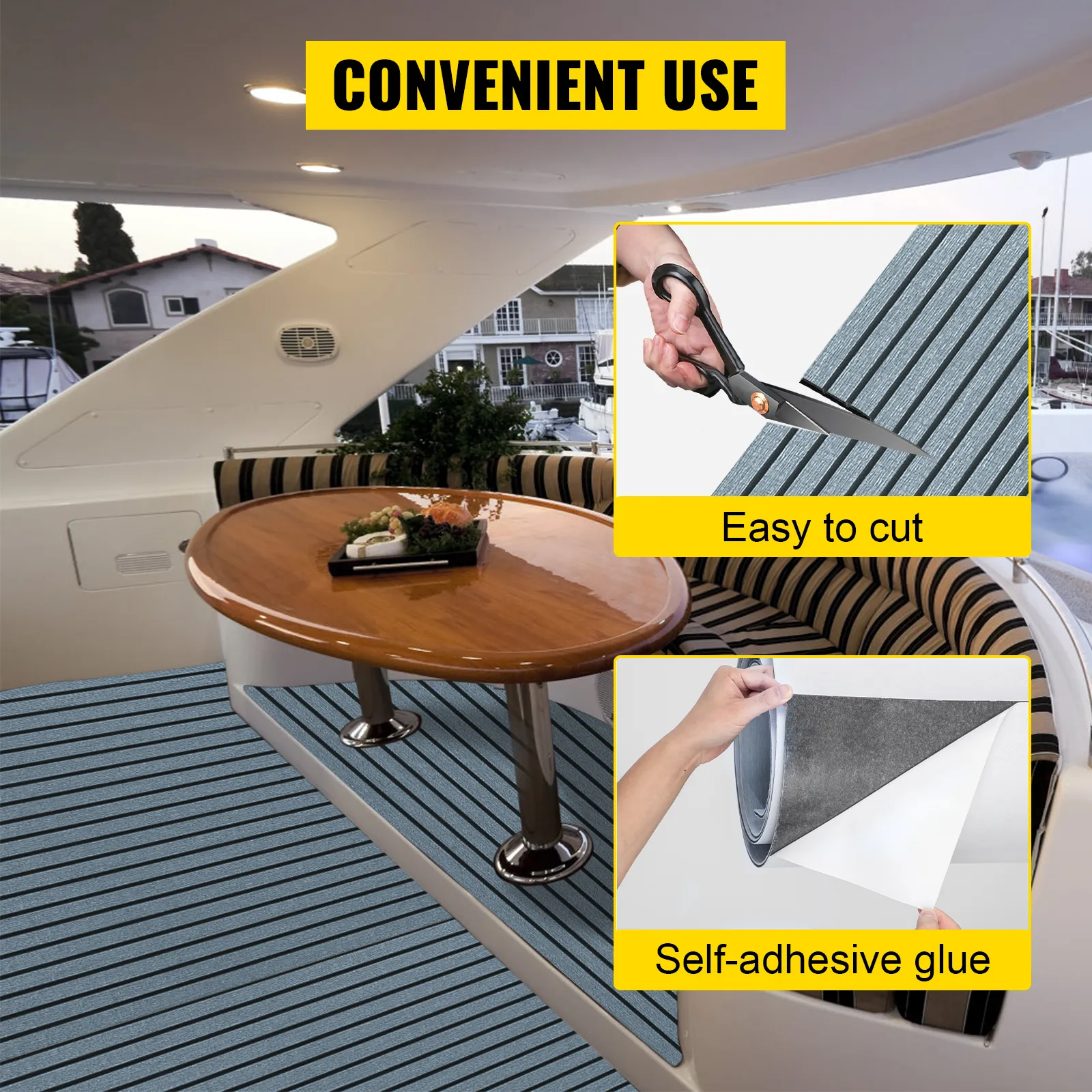 VEVOR faux teak boat decking sheet on yacht with easy-to-cut and self-adhesive features.