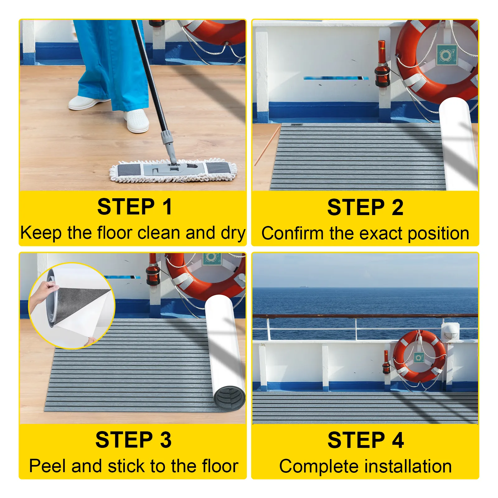 VEVOR faux teak boat decking sheet installation guide: clean, position, peel, install.