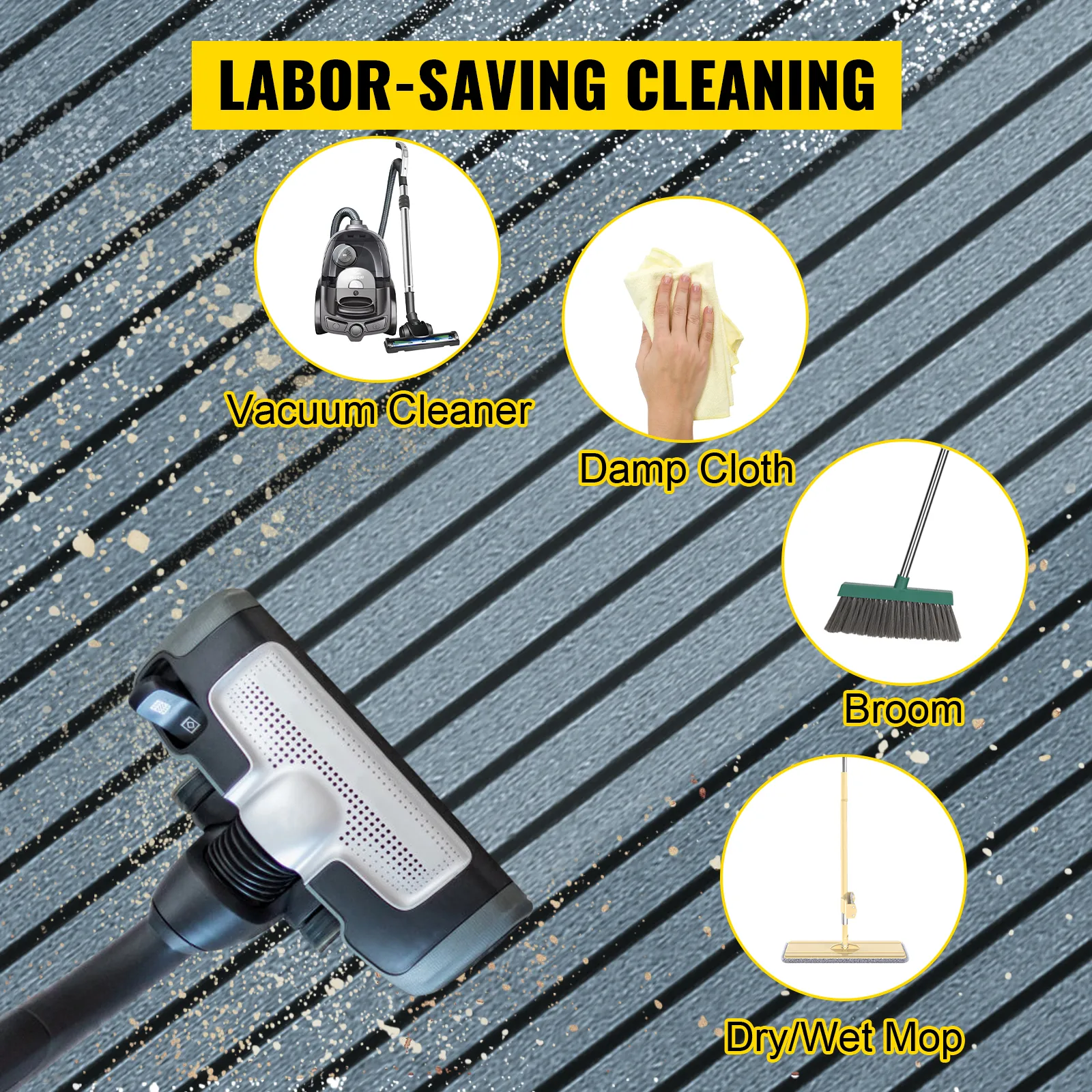 VEVOR faux teak boat decking sheet with cleaning tools: vacuum cleaner, damp cloth, broom, and mop.