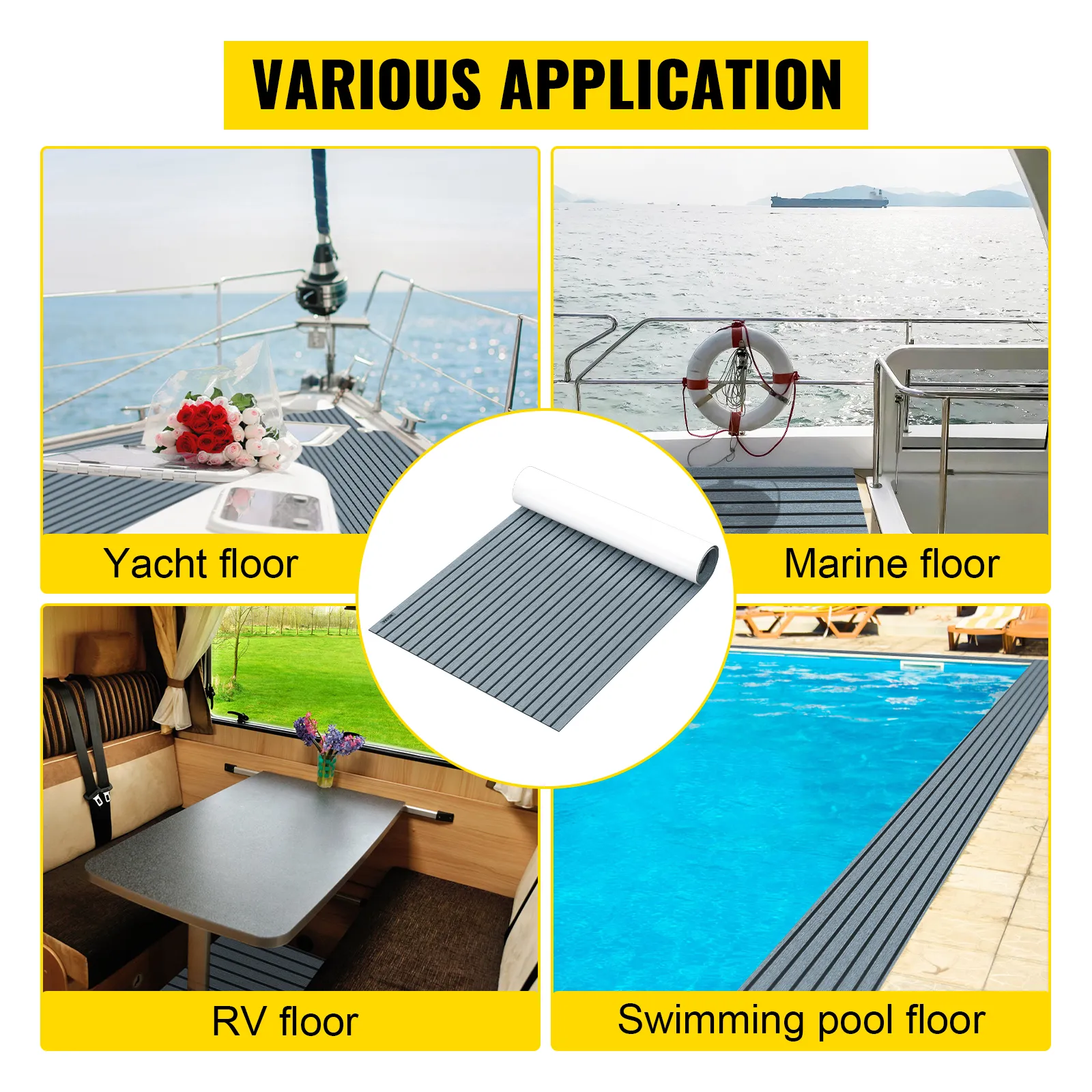 VEVOR faux teak boat decking sheet for yacht, marine, rv, and swimming pool floors.