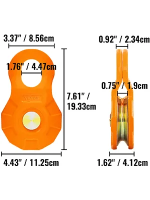 VEVOR snatch block dimensions: height 7.61", width 4.43", and thickness 0.92". orange color, metal construction.