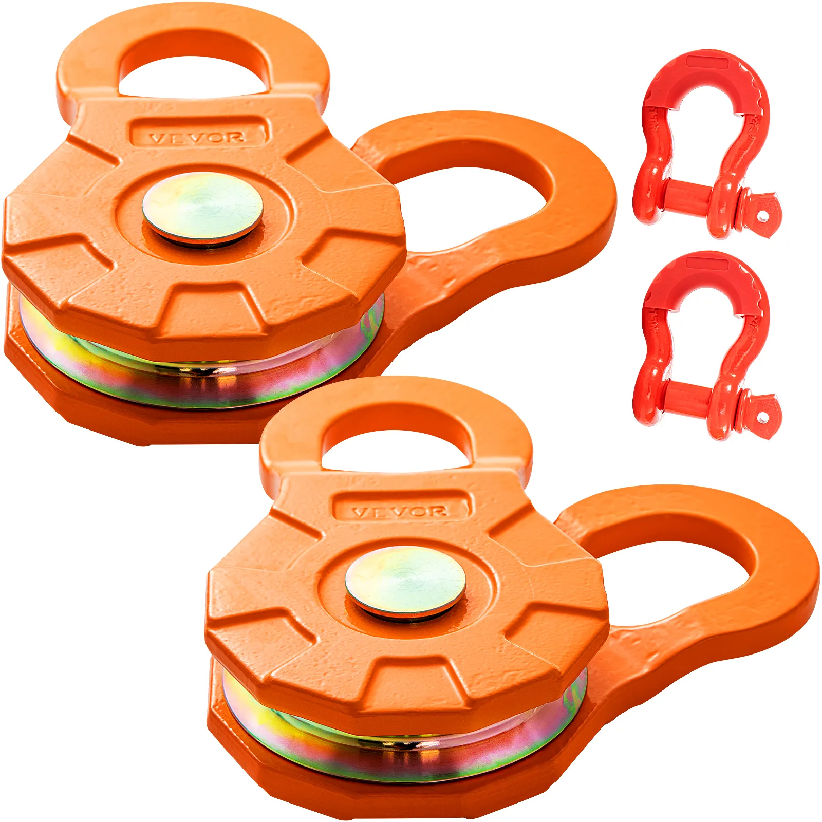 VEVOR snatch block in orange with two matching red shackles included.