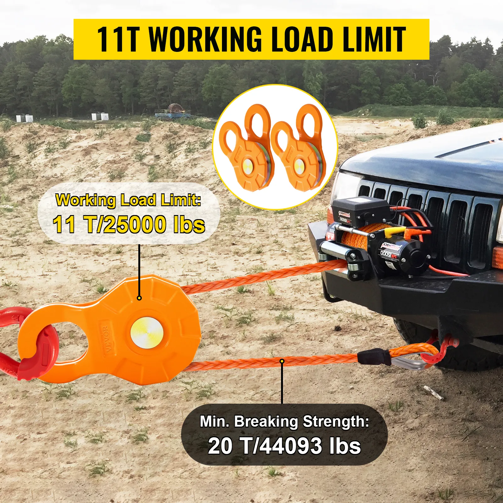 VEVOR snatch block with 11t working load limit connected to a winch on a vehicle in a rugged outdoor setting.