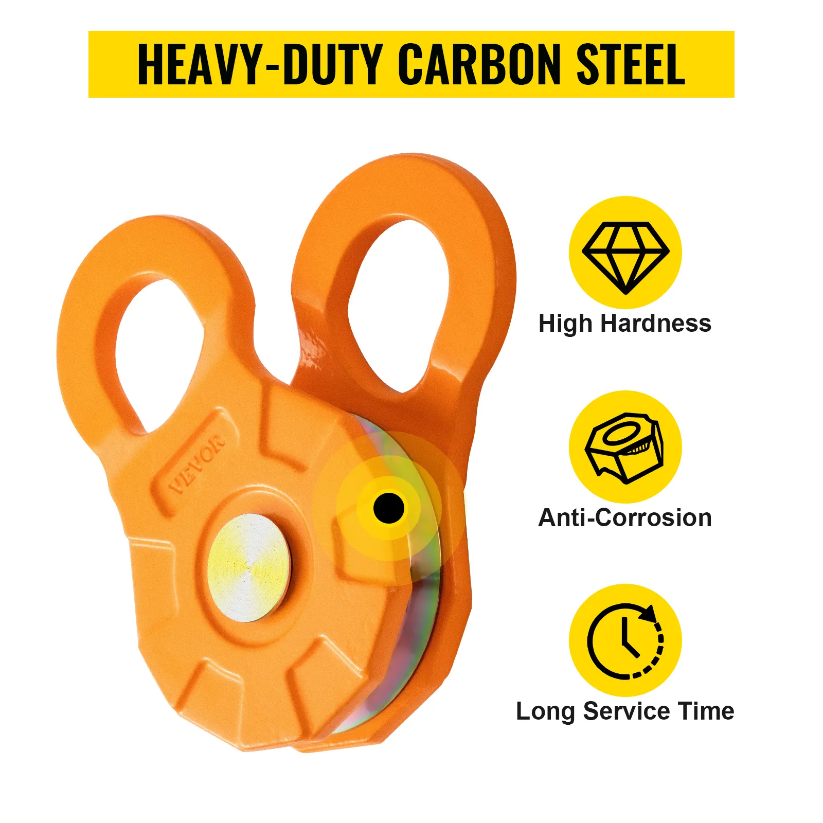 orange VEVOR snatch block showing high hardness, anti-corrosion, and long service time with labels.