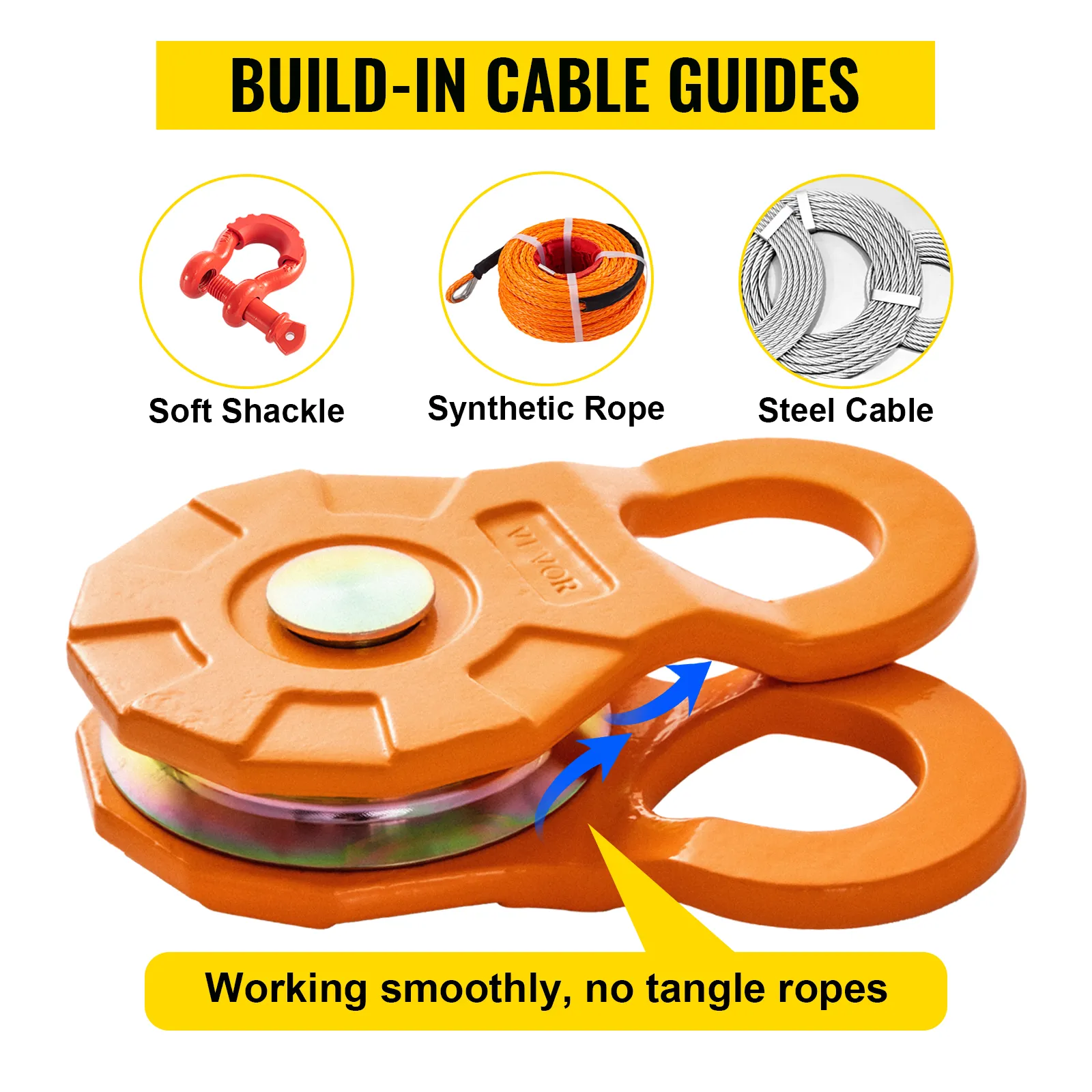 VEVOR snatch block with soft shackle, synthetic rope, and steel cable, ensuring smooth operation.