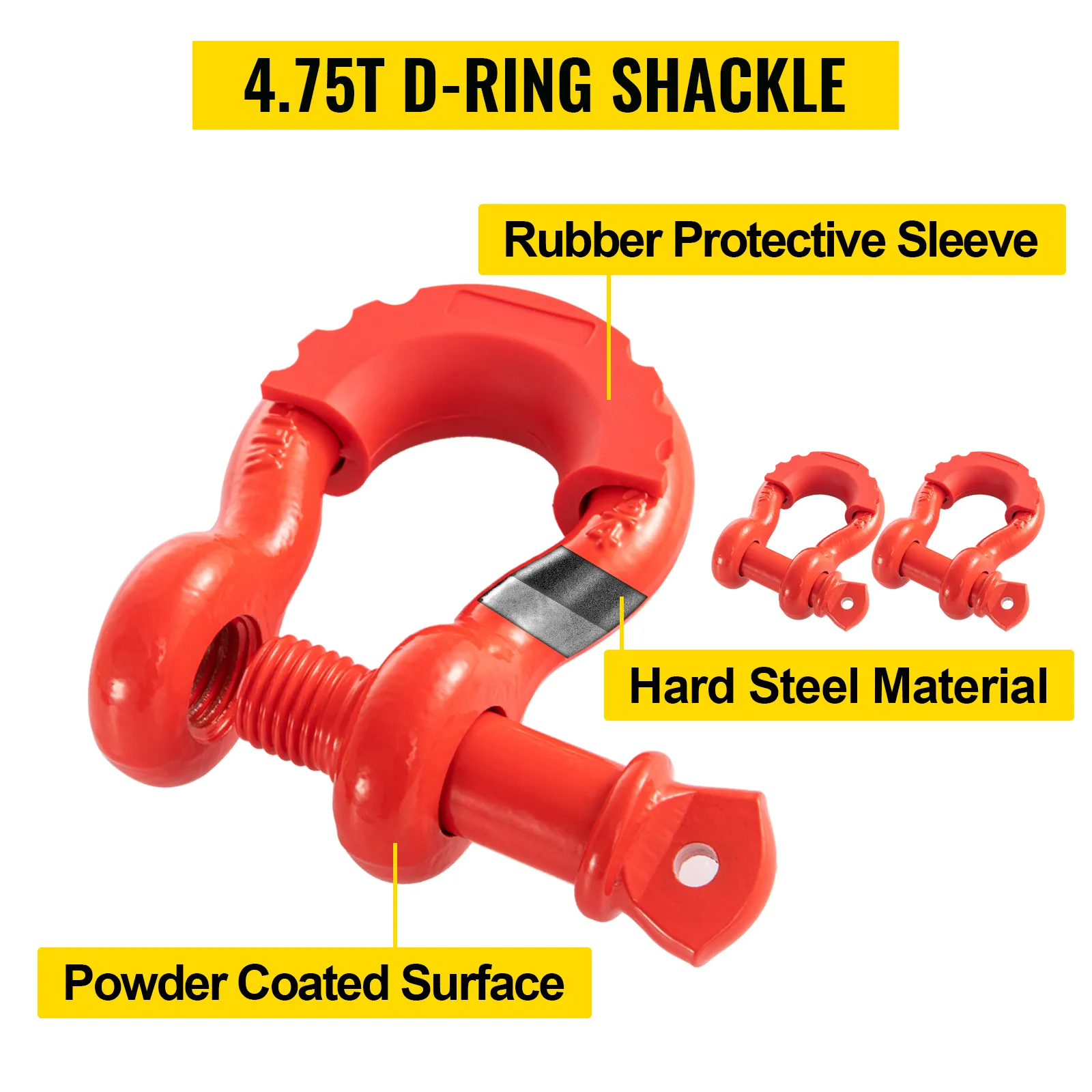 red 4.75t d-ring shackle with rubber protective sleeve, hard steel material, and powder-coated surface.
