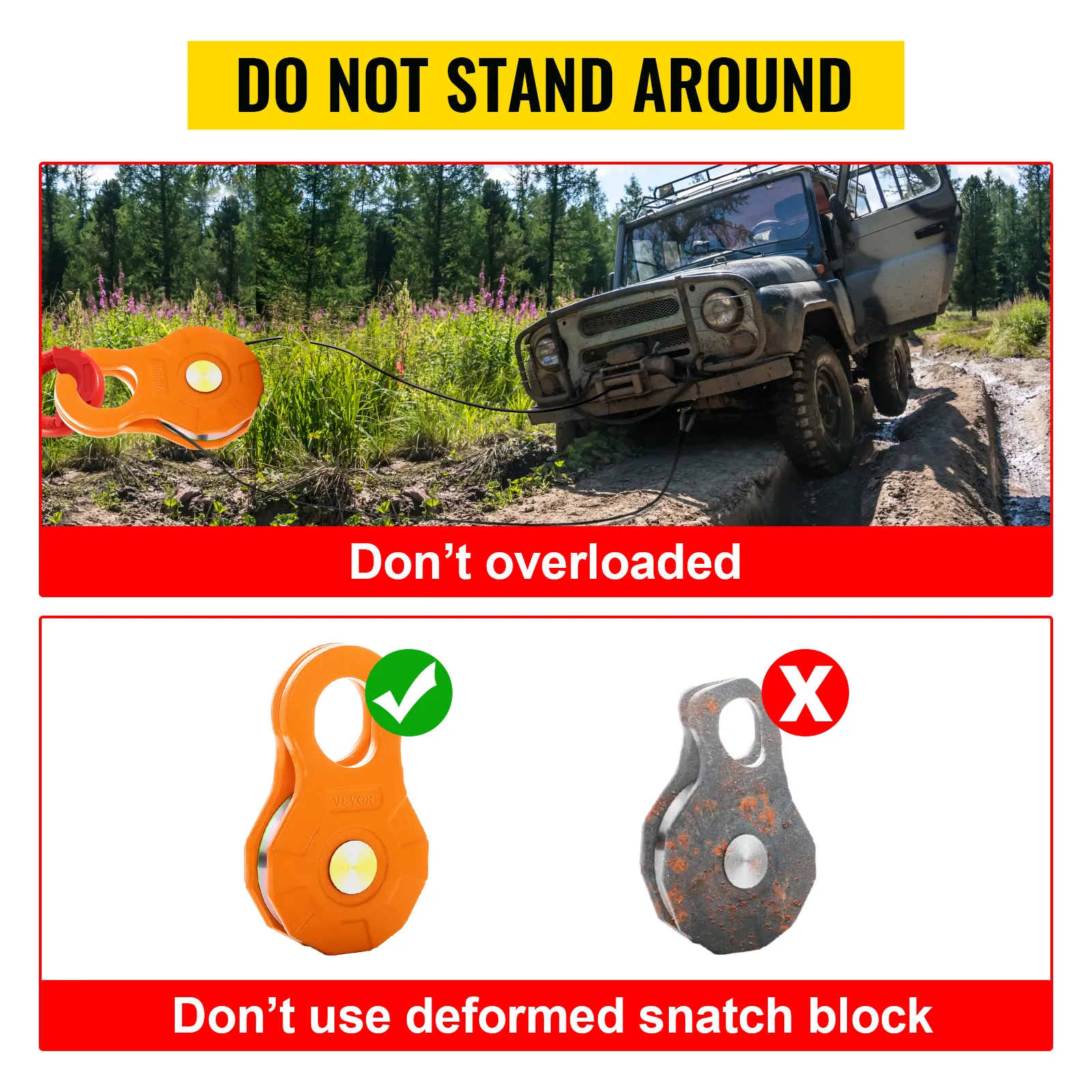 VEVOR snatch block with safety tips: avoid overloading and using deformed equipment. be safe.