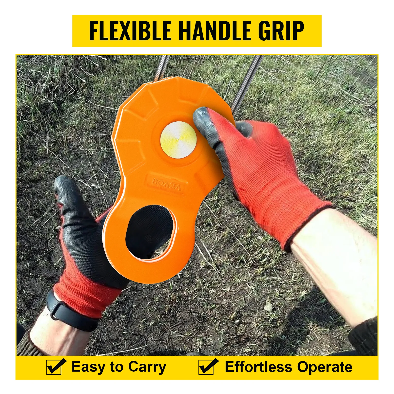 VEVOR snatch block with flexible handle grip being used by person wearing red gloves on grassy ground.