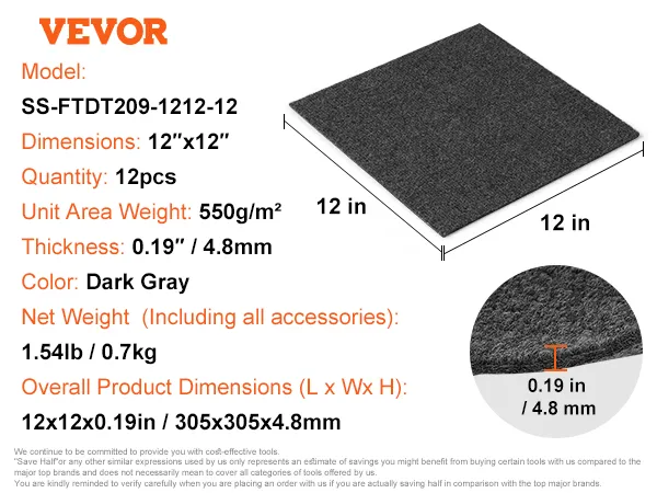 VEVOR carpet tiles, 12"x12", dark gray, 4.8mm thick, 550g/m², pack of 12, model ss-ftdt209-1212-12.