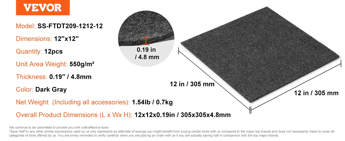 VEVOR carpet tiles, 12"x12", dark gray, 4.8mm thick, 550g/m², pack of 12, model ss-ftdt209-1212-12.