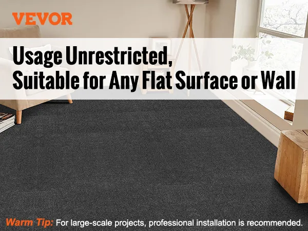 VEVOR carpet tiles being installed on various surfaces; suitable for offices, bedrooms, and more.