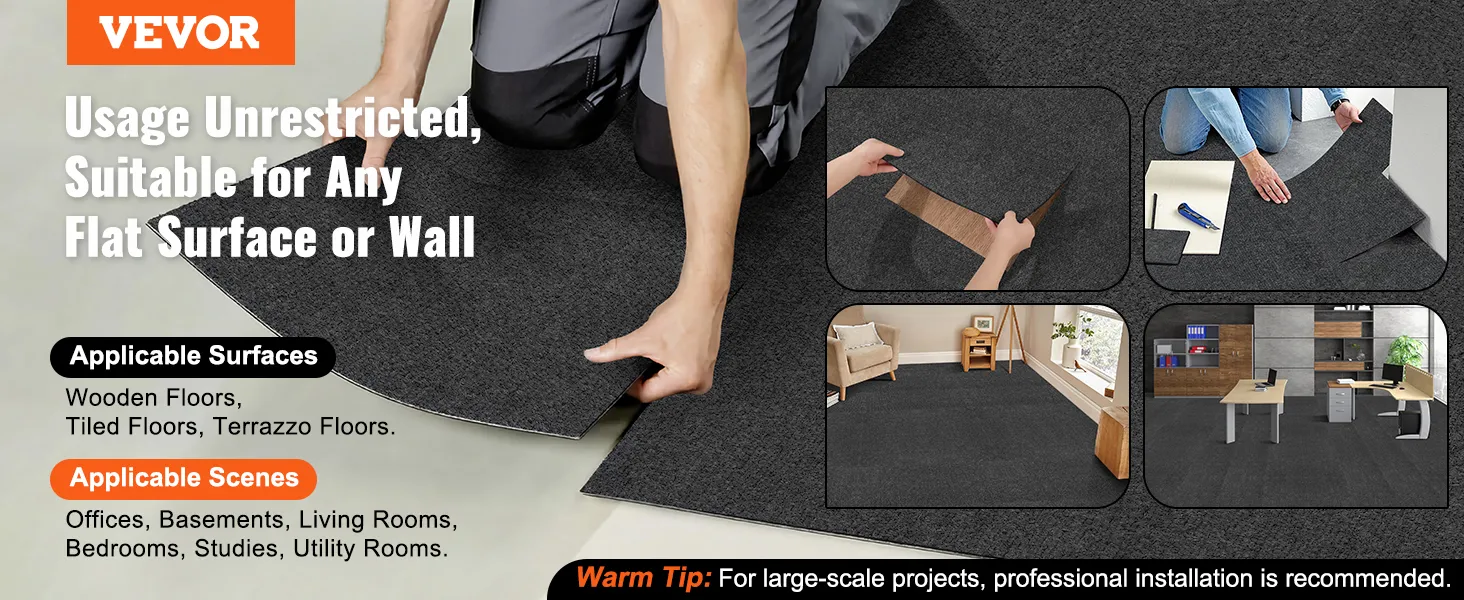 VEVOR carpet tiles being installed on various surfaces; suitable for offices, bedrooms, and more.