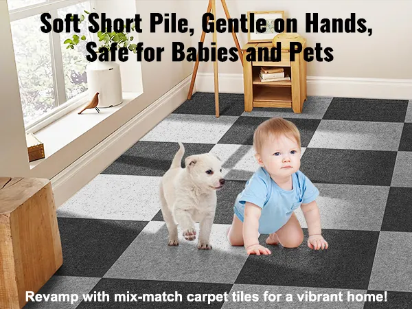 soft, safe VEVOR carpet tiles for kids and pets, featuring mix-match colors in a living room setting.